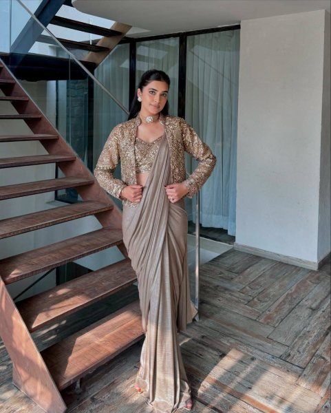 Creative Beige Chinon Silk Jacket Lehenga Saree Set with Heavy Zari Embroidery Ready To Wear Saree 