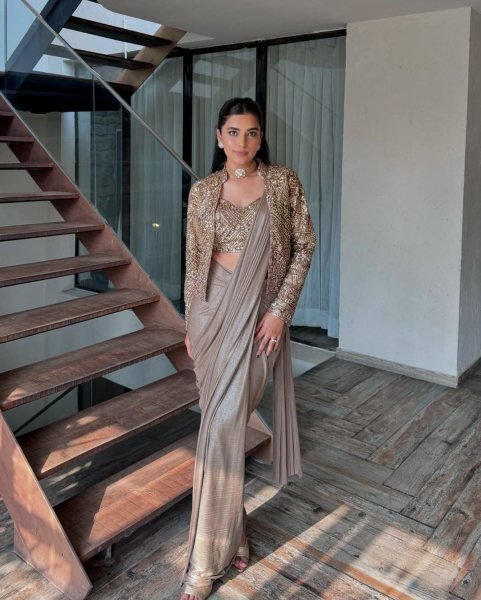 Creative Beige Chinon Silk Jacket Lehenga Saree Set with Heavy Zari Embroidery Ready To Wear Saree 