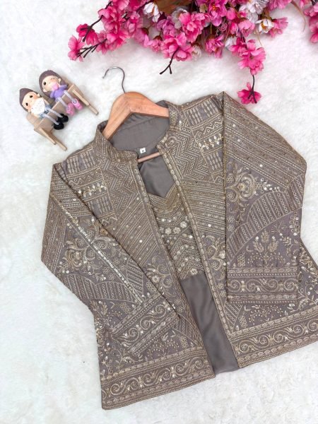 Creative Beige Chinon Silk Jacket Lehenga Saree Set with Heavy Zari Embroidery Ready To Wear Saree 
