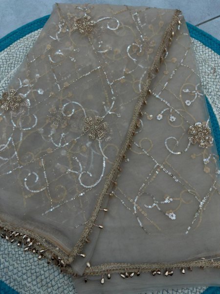 Creative Beige Net Saree with Beads  Sequins and Pearls Embroidery Work For Wedding Embroidery Sarees Wholesale
