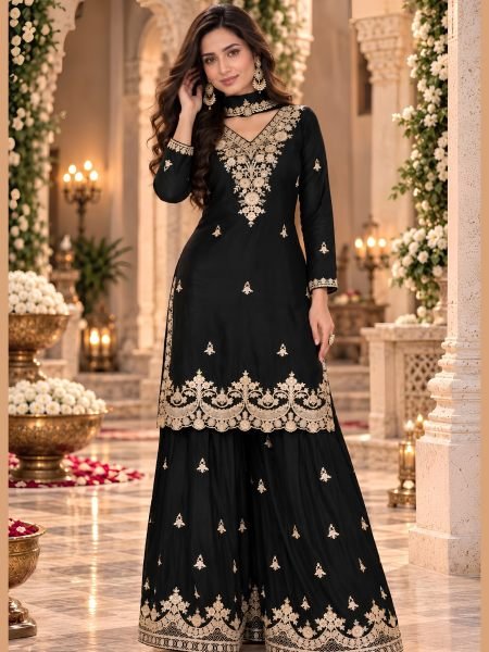 Creative Black Designer Heavy Chinon Top Plazo Dupatta Set with Embroidery For Festival Salwar Kameez