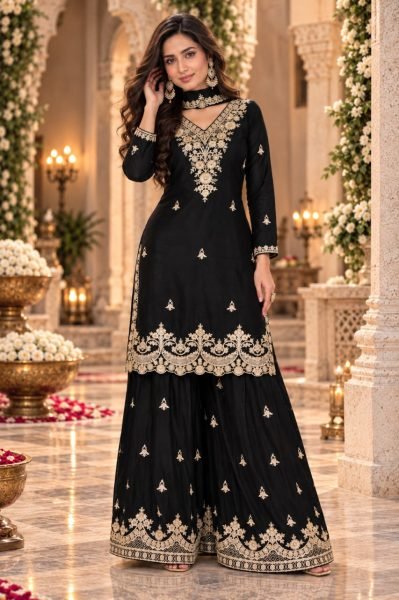 Creative Black Designer Heavy Chinon Top Plazo Dupatta Set with Embroidery For Festival Designer Plazzo Salwar Suits Wholesale