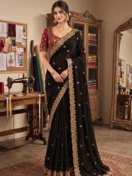 Creative Black Georgette Saree with Heavy Sequence Work Blouse at Factory Price 
