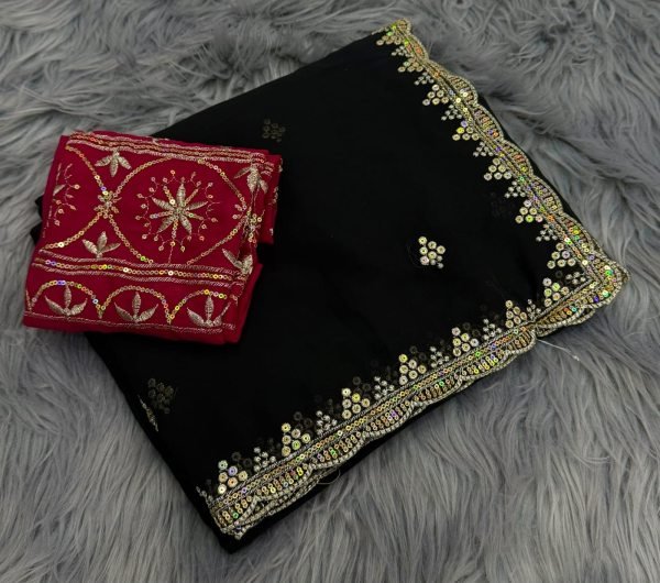 Creative Black Georgette Saree with Heavy Sequence Work Blouse at Factory Price Georgette Sarees Wholesale