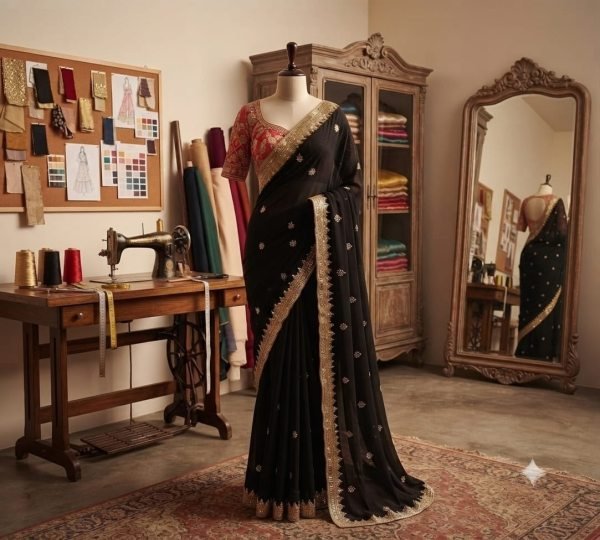 Creative Black Georgette Saree with Heavy Sequence Work Blouse at Factory Price Georgette Sarees Wholesale