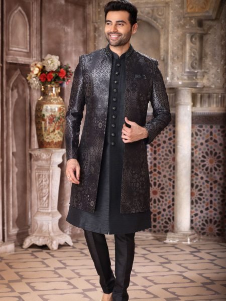 Creative Black Luxury Indo Western Outfit with Jacket for Groom Wear Mens Wear