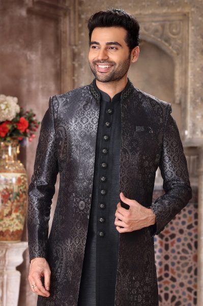 Creative Black Luxury Indo Western Outfit with Jacket for Groom Wear Kurta Pajama Wholesale