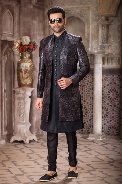 Creative Black Luxury Indo Western Outfit with Jacket for Groom Wear Kurta Pajama Wholesale