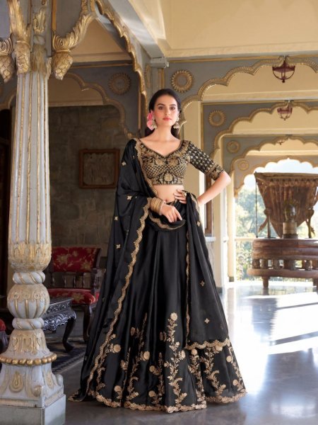 Creative Black Rangoli Silk Lehenga Choli with Zari Dori Sequins Work for Wedding Wear 