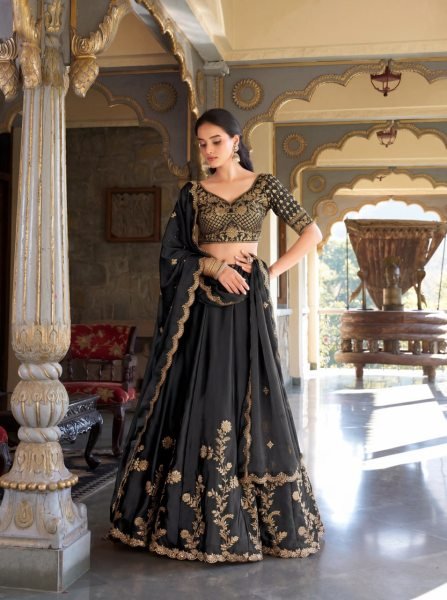 Creative Black Rangoli Silk Lehenga Choli with Zari Dori Sequins Work for Wedding Wear Designer Lehenga Choli