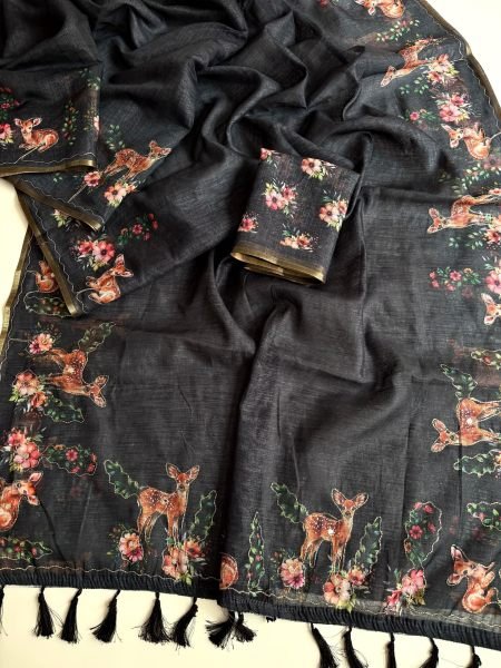 Creative Black Soft Cotton Linen Saree with Aari Work at Factory Price Printed Cotton Sarees Wholesale