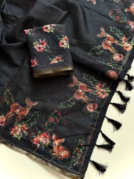 Creative Black Soft Cotton Linen Saree with Aari Work at Factory Price Printed Cotton Sarees Wholesale