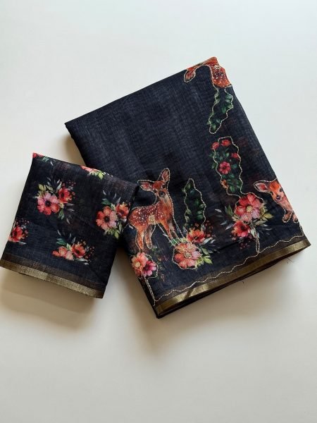 Creative Black Soft Cotton Linen Saree with Aari Work at Factory Price Printed Cotton Sarees Wholesale