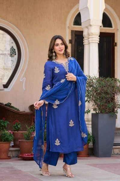 Creative Blue Viscose Chanderi Straight Kurti with Matching Pant and Organza Dupatta Embroidery Kurtis 