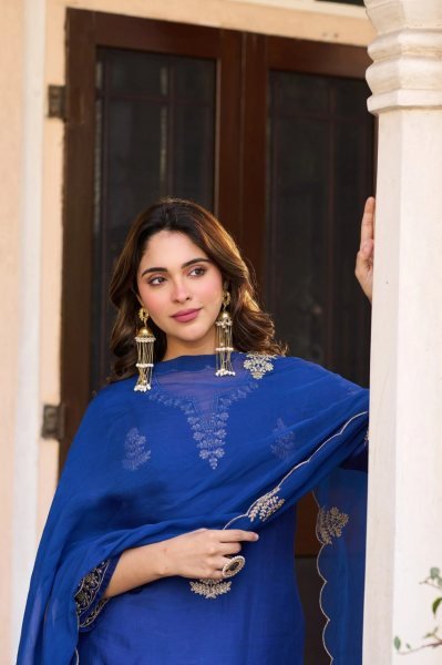 Creative Blue Viscose Chanderi Straight Kurti with Matching Pant and Organza Dupatta Embroidery Kurtis 