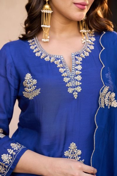 Creative Blue Viscose Chanderi Straight Kurti with Matching Pant and Organza Dupatta Embroidery Kurtis 
