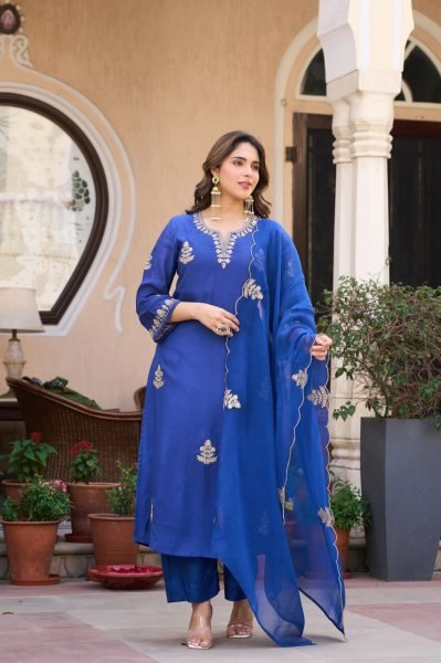 Creative Blue Viscose Chanderi Straight Kurti with Matching Pant and Organza Dupatta Embroidery Kurtis 