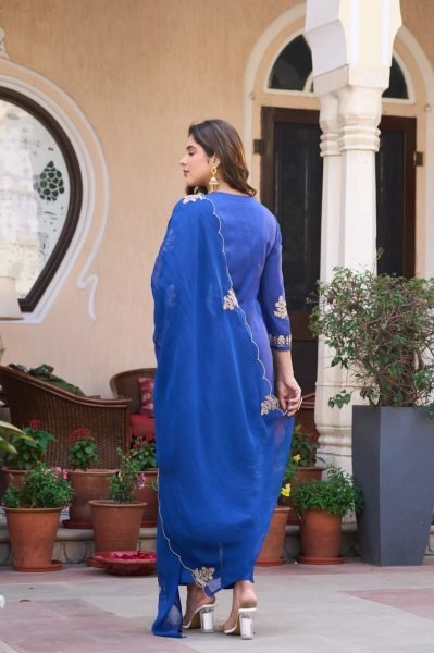 Creative Blue Viscose Chanderi Straight Kurti with Matching Pant and Organza Dupatta Embroidery Kurtis 