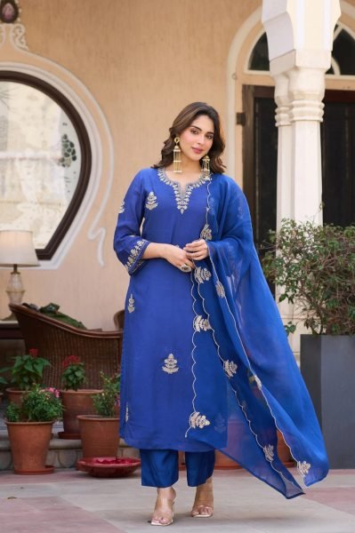 Creative Blue Viscose Chanderi Straight Kurti with Matching Pant and Organza Dupatta Embroidery Kurtis 