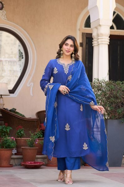 Creative Blue Viscose Chanderi Straight Kurti with Matching Pant and Organza Dupatta Embroidery Kurtis 