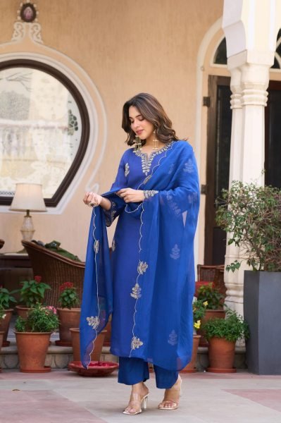 Creative Blue Viscose Chanderi Straight Kurti with Matching Pant and Organza Dupatta Embroidery Kurtis 