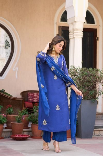 Creative Blue Viscose Chanderi Straight Kurti with Matching Pant and Organza Dupatta Embroidery Kurtis 