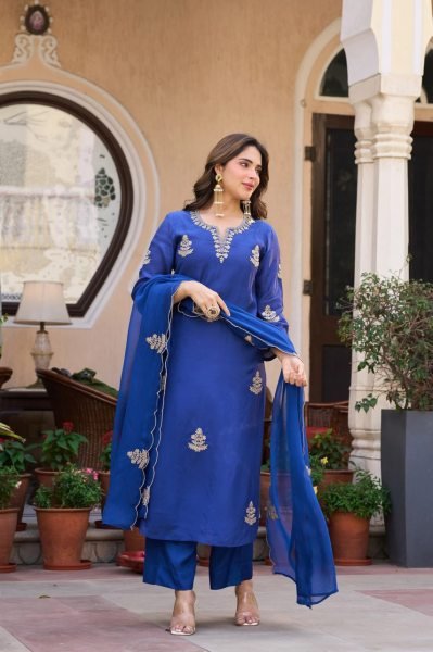 Creative Blue Viscose Chanderi Straight Kurti with Matching Pant and Organza Dupatta Embroidery Kurtis 