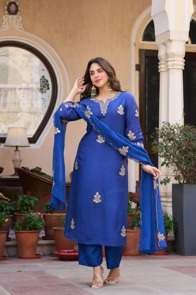 Creative Blue Viscose Chanderi Straight Kurti with Matching Pant and Organza Dupatta Embroidery Kurtis 
