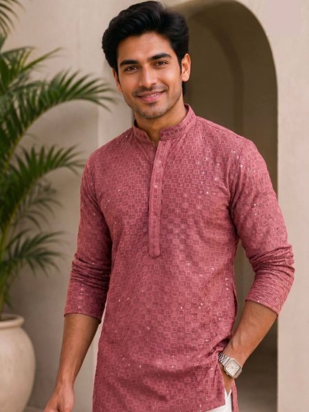 Creative Dusty Pink Elegant Short Kurta in Rayon Chikankari Fabric for Daily Wear 