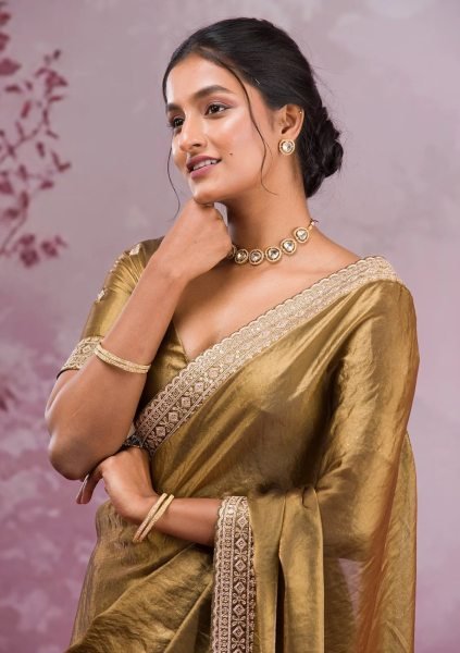 Creative Golden Designer Space Silk Saree with Embroidered Coding Work For Function Wear Silk Sarees Wholesale