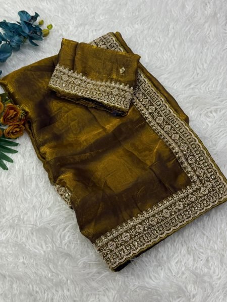 Creative Golden Designer Space Silk Saree with Embroidered Coding Work For Function Wear Silk Sarees Wholesale