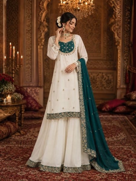 Creative Green Designer Pure Chinon Silk Party Wear Top Palazzo Set For Wholesale Ready To Wear Suit