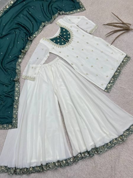 Creative Green Designer Pure Chinon Silk Party Wear Top Palazzo Set For Wholesale Ready To Wear Collection
