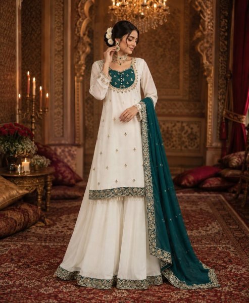 Creative Green Designer Pure Chinon Silk Party Wear Top Palazzo Set For Wholesale Ready To Wear Collection