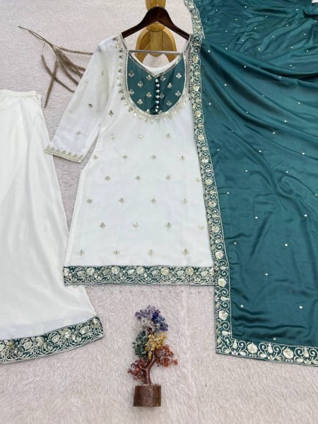 Creative Green Designer Pure Chinon Silk Party Wear Top Palazzo Set For Wholesale Ready To Wear Collection