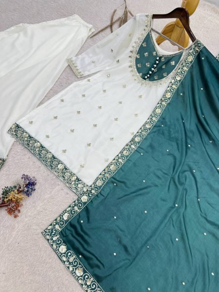Creative Green Designer Pure Chinon Silk Party Wear Top Palazzo Set For Wholesale Ready To Wear Collection