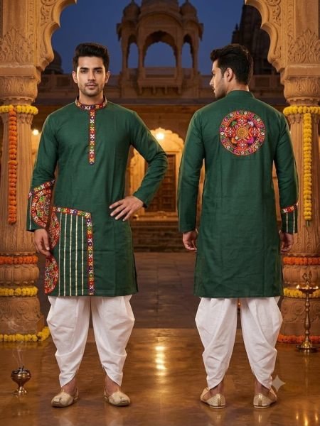 Creative Green Heavy Cotton Navratri Kurta with Raymond Cotton Dhoti for Men 