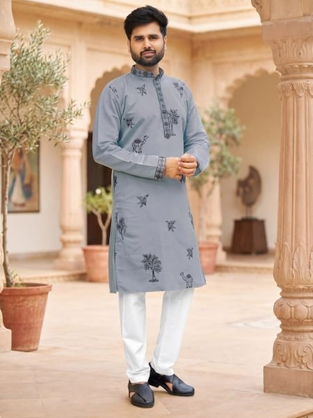 Creative Grey Roman Silk Kurta Pyjama Set with Side Pockets at Manufacturer  