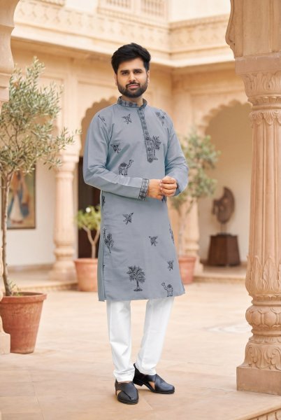 Creative Grey Roman Silk Kurta Pyjama Set with Side Pockets at Manufacturer  Kurta Pajama Wholesale