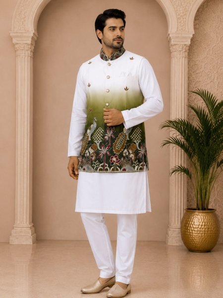 Creative Mahendi Malai Satin Kurta Koti Set with Designer Embroidery Work for Men Mens Wear