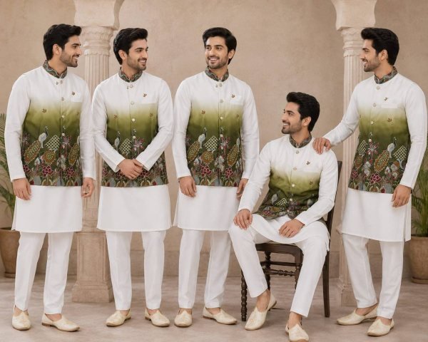 Creative Mahendi Malai Satin Kurta Koti Set with Designer Embroidery Work for Men Kurta Pajama Wholesale