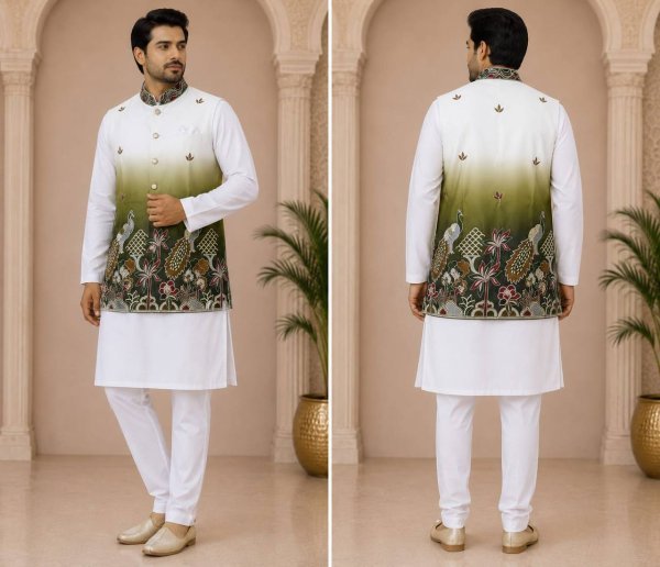 Creative Mahendi Malai Satin Kurta Koti Set with Designer Embroidery Work for Men Kurta Pajama Wholesale