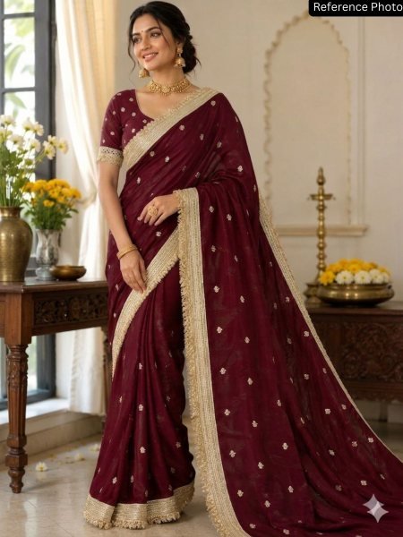 Creative Maroon Fendy Satin Saree with Designer Embroidery at Wholesale Rate 