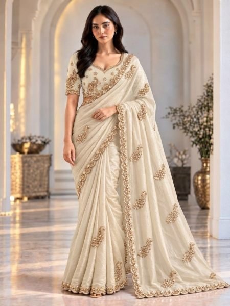 Creative OffWhite Designer Fendy Satin Silk Saree with Heavy Beads Work Blouse Sarees 