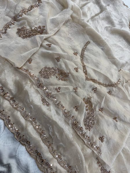 Creative OffWhite Designer Fendy Satin Silk Saree with Heavy Beads Work Blouse Silk Sarees Wholesale