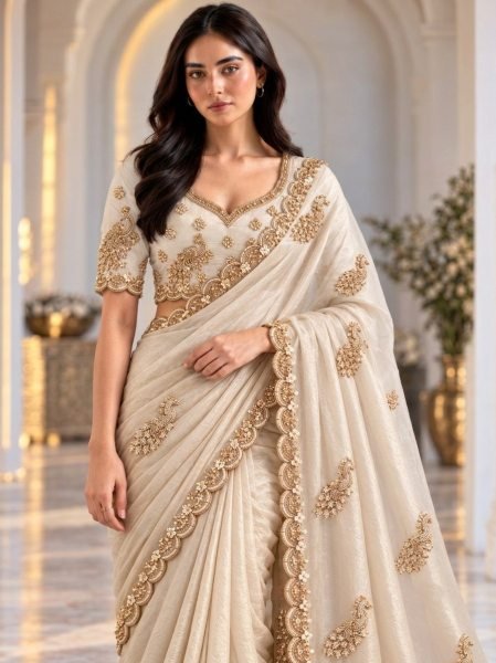 Creative OffWhite Designer Fendy Satin Silk Saree with Heavy Beads Work Blouse Silk Sarees Wholesale