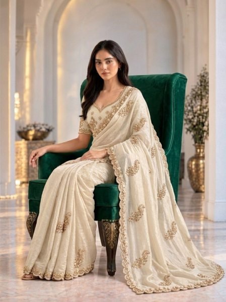 Creative OffWhite Designer Fendy Satin Silk Saree with Heavy Beads Work Blouse Silk Sarees Wholesale