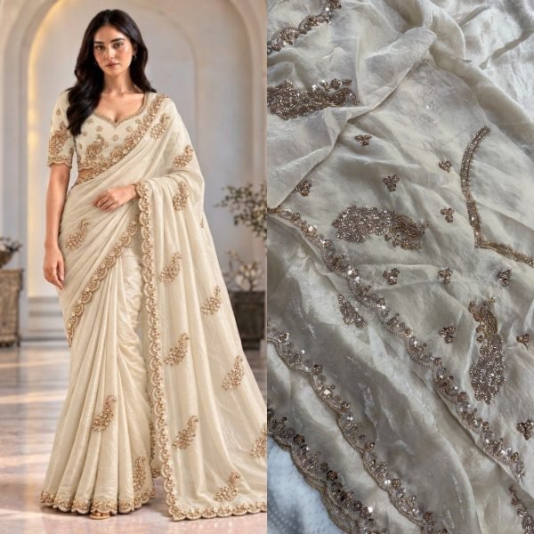 Creative OffWhite Designer Fendy Satin Silk Saree with Heavy Beads Work Blouse Silk Sarees Wholesale