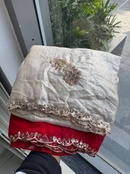 Creative OffWhite Designer Fendy Satin Silk Saree with Heavy Beads Work Blouse Silk Sarees Wholesale