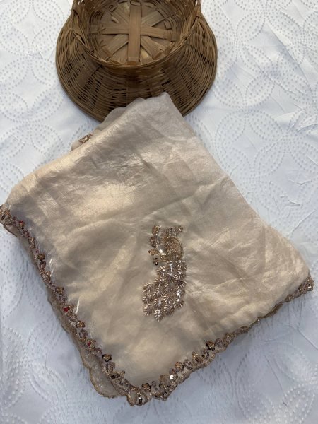 Creative OffWhite Designer Fendy Satin Silk Saree with Heavy Beads Work Blouse Silk Sarees Wholesale
